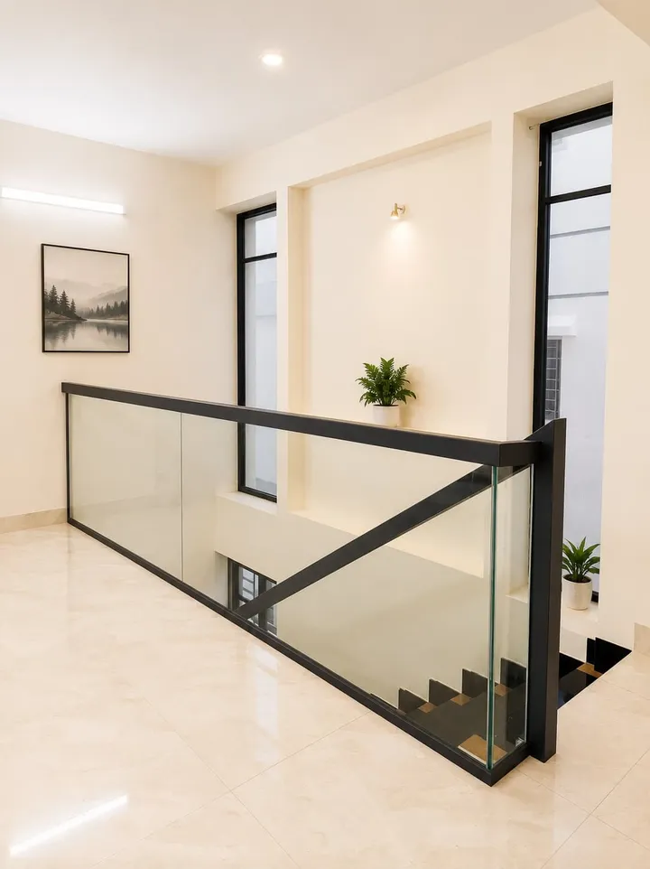Interior stair landing with a transparent glass railing and dark handrail